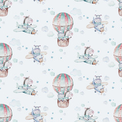 Watercolor airplane kid seamless pattern. Watercolor toy background baby cartoon cute pilot hippopotamus, zebra with hippo, lion aviation sky transport airplanes, clouds.