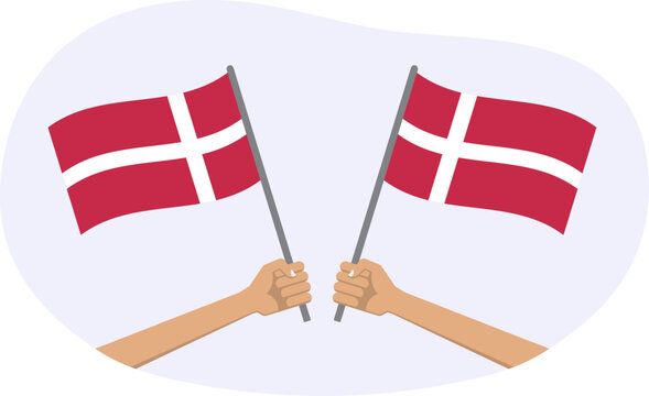 Denmark waving flag icon or badge. Hand holding Danish flags. Vector illustration.
