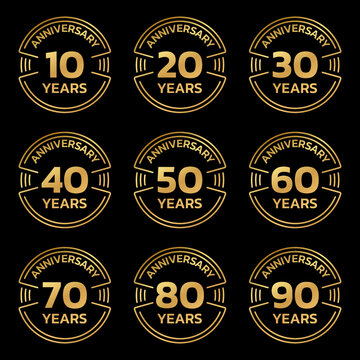 Anniversary golden logo or icon set. 10,20,30,40,50,60,70,80,90 years round stamp collection. Birthday celebrating, jubilee circle badge or label templates. Vector illustration.