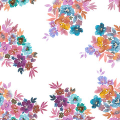 Fototapeta na wymiar Watercolor floral pattern with gilding for wrapping paper design, invitations, banner creation, printing on fabric. Beautiful seamless pattern on white background