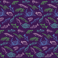 Marine style graphic seamless pattern with fish and crustaceans