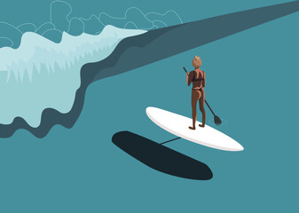 Summer illustration of beautiful girls in a swimsuit on the surf. Horizontal, minimalistic vector flat illustration, sea, ocean, wave.