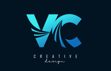 Creative blue letters VC v c logo with leading lines and road concept design. Letters with geometric design.