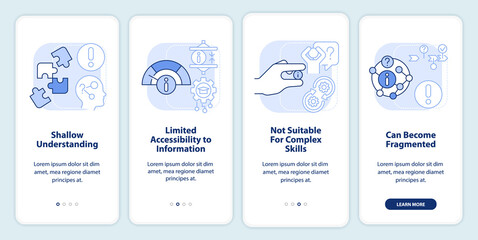 Microtraining negatives light blue onboarding mobile app screen. Walkthrough 4 steps editable graphic instructions with linear concepts. UI, UX, GUI template. Myriad Pro-Bold, Regular fonts used