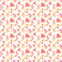 Floral watercolor pink and orange pattern for wrapping paper design, invitations, banner creation, fabric printing. Beautiful seamless pattern with flowering plants