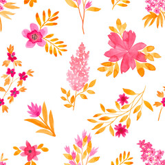 Floral watercolor pink and orange pattern for wrapping paper design, invitations, banner creation, booklet and advertising. Beautiful seamless pattern with flowering plants