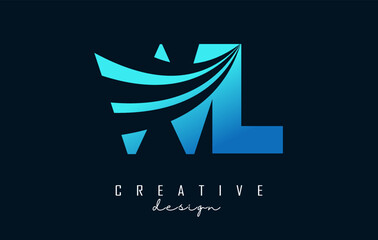 Creative blue letters WL w l logo with leading lines and road concept design. Letters with geometric design.