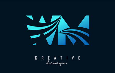 Creative blue letters WM w m logo with leading lines and road concept design. Letters with geometric design.