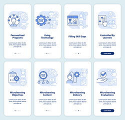 Effective teaching approach light blue onboarding mobile app screen set. Walkthrough 4 steps editable graphic instructions with linear concepts. UI, GUI template. Myriad Pro-Bold, Regular fonts used