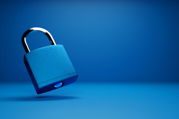 Fototapeta premium 3D illustration of the blue metal padlock isolated on monocrome background