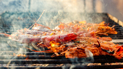 Grilled shrimp (Giant freshwater prawn) grilling with charcoal