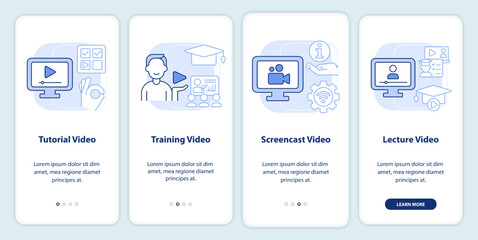 Microtraining video types light blue onboarding mobile app screen. Walkthrough 4 steps editable graphic instructions with linear concepts. UI, UX, GUI template. Myriad Pro-Bold, Regular fonts used
