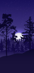 Moonlit night in a pine forest. Vector illustration of the outline of pine trees against the background of a bright moon and starry sky. Sketch for creativity.