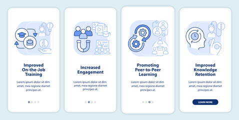 Microlearning pros light blue onboarding mobile app screen. Walkthrough 4 steps editable graphic instructions with linear concepts. UI, UX, GUI template. Myriad Pro-Bold, Regular fonts used