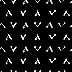 Vector.  Abstract monochrome ethnic seamless pattern. Artistic background hand drawn simple shapes of angle brackets, checkmarks. Mosaic abstract background. Repeating geometric texture. Dividers.