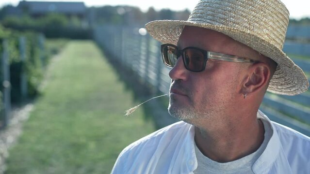 Close-up confident farmer in straw hat in sunbeam on the right with green garden at background. Satisfied adult Caucasian handsome man putting stem in mouth looking away in slow motion