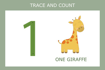 Number one stroke worksheet with giraffe  for fine motor skills kids. Educational game for preschoolers.