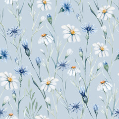 Watercolor wildflowers seamless pattern with poppy, cornflower chamomile, rye and wheat spikelets background