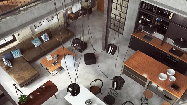 Animacja przedstawiająca nowoczesny loft, kt&oacute;rego wnętrze zostało zaaranżowane na mieszkanie z kuchnią, jadalnią, pokojem dziennym oraz miejscem do pracy. Na antresoli znajduje się także sypialnia.