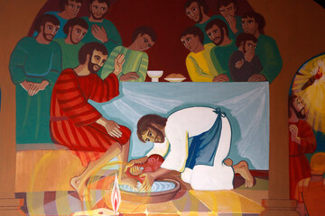 Painting depicting Jesus washing a disciple's feet
