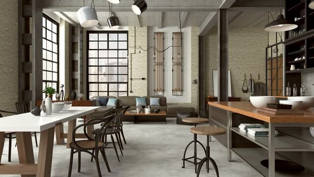Animacja przedstawiająca spacer przez loft, którego wnętrze zostało zaaranżowane jako apartament z kuchnią, jadalnią pokojem dziennym, home office i sypialnią na atresoli.