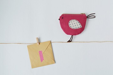 Cute bird zipper pouch, kraft gift envelope with pink washi tape, wooden pin and jute rope 