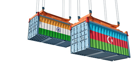 Cargo containers with India and Azerbaijan national flags. 3D Rendering