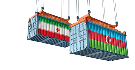 Cargo containers with Iran and Azerbaijan national flags. 3D Rendering