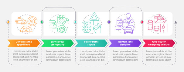 Common driving safety rules rectangle infographic template. Data visualization with 5 steps. Editable timeline info chart. Workflow layout with line icons. Myriad Pro-Bold, Regular fonts used