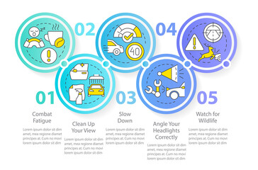 Driving safety at night blue round infographic template. Data visualization with 5 steps. Editable timeline info chart. Workflow layout with line icons. Myriad Pro-Regular font used