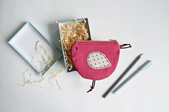 Cute bird zipper pouch, blue gift box, paper filler, pencil and pen