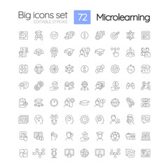 Microlearning linear icons set. Technology use. Delivering highly effective learning. Customizable thin line symbols. Isolated vector outline illustrations. Editable stroke. Quicksand-Light font used