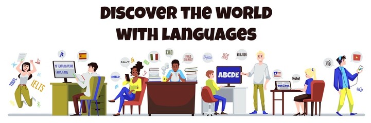 Language learning and communication banner template flat vector illustration.