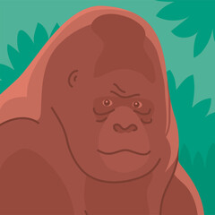 Gorilla head on the background of a wild rainforest. Primate face portrait. Wild african animal. Fauna and zoology. Vector cartoon illustration