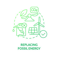 Replacing fossil energy green gradient concept icon. Reducing CO2 concentration. Net zero strategy abstract idea thin line illustration. Isolated outline drawing. Myriad Pro-Bold fonts used
