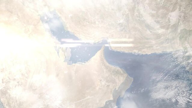 Flight from Dubai Airport to London with zoom from space and focus. 3D animation. Background for travel intro by plane. Images from NASA