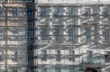 Scaffolding near the walls of the reconstructed building.