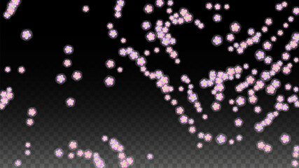 Blue Vector Realistic Blue Petals Falling on Transparent Background.  Spring Romantic Flowers Illustration. Flying Petals. Sakura Spa Design. Blossom Confetti. Design Elements for Wedding Decoration.