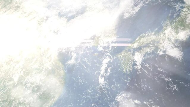Flight from Jeju Airport to Gimhae with zoom from space and focus. 3D animation. Background for travel intro by plane. Images from NASA