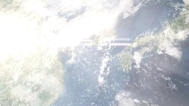 Flight from Jeju Airport to Seoul with zoom from space and focus. 3D animation. Background for travel intro by plane. Images from NASA