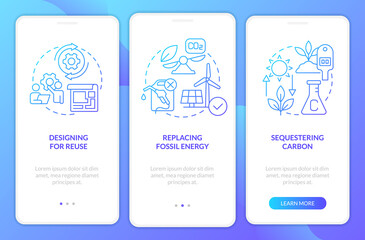 Carbon removal strategies blue gradient onboarding mobile app screen. Clean air walkthrough 3 steps graphic instructions with linear concepts. UI, UX, GUI template. Myriad Pro-Bold, Regular fonts used