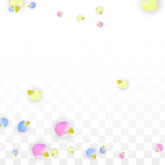 Vector Realistic Colorful Petals Falling on Transparent Background.  Spring Romantic Flowers Illustration. Flying Petals. Sakura Spa Design. Blossom Confetti. Design Elements for Wedding Decoration.