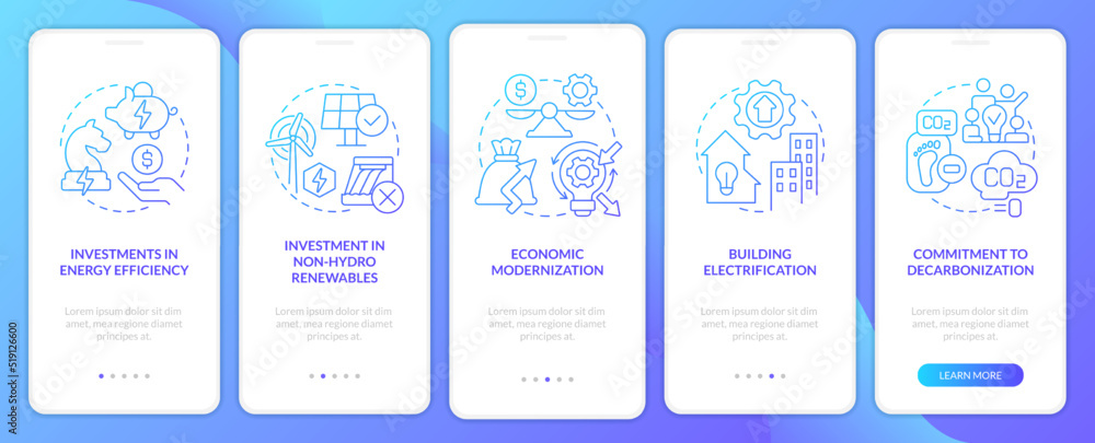 Poster net zero practices blue gradient onboarding mobile app screen. organization walkthrough 5 steps grap