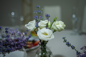 Banquet table. Tableware. Food, snacks, fruit, drinks, chairs, table, table decoration, flowers