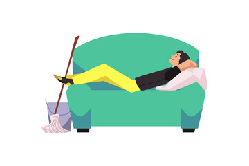 Lazy man laying on couch during cleaning and washing floors, flat vector illustration isolated on white background.