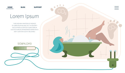 Landing page carbon footprint concept sourses with girl take a bath, and production electricity, start up CO2. Sources polluted the world. Global problem with big emissions co2. Vector illustration