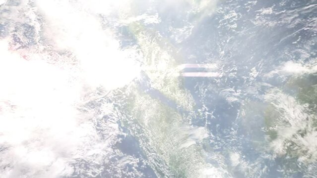 Flight from Kuala Lumpur Airport to Singapore with zoom from space and focus. 3D animation. Background for travel intro by plane. Images from NASA