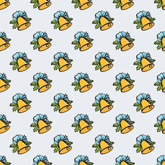 HAPPY NEW YEAR BELL Christmas Decorations Holiday Golden Bells With Blue Bow Christmas Toy On White Background Seamless Pattern Vector Illustration Print