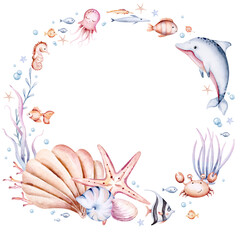 frame of sea animals. Blue watercolor ocean fish wreath, turtle, whale and coral. Shell aquarium mermaid submarine. Nautical dolphin marine illustration, jellyfish, starfish