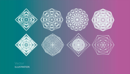 Creative geometric shapes. 3D vector. Geometric grid. Technological style.Sacred geometry. Shapes with linked lines.